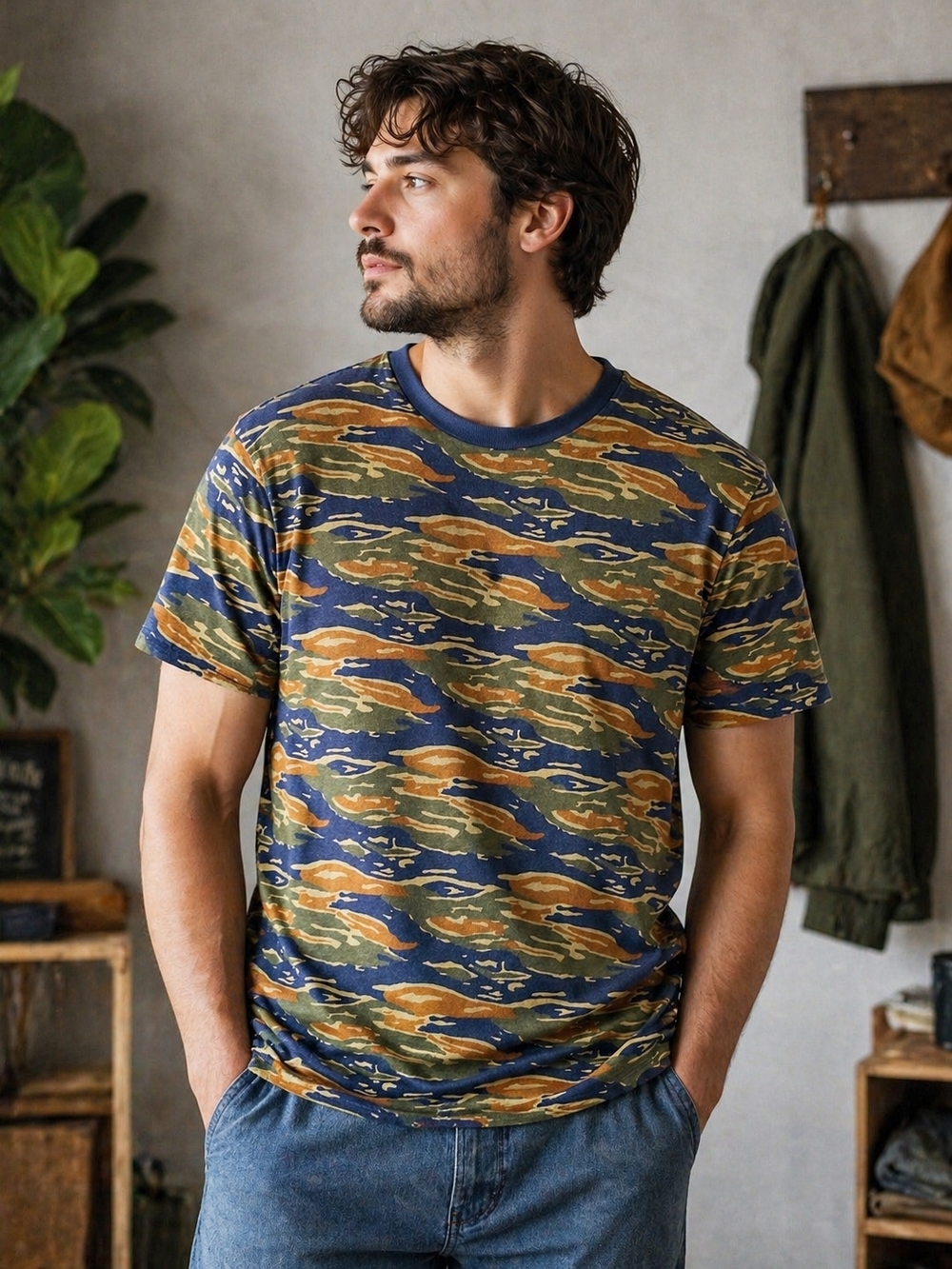 J Crew Camo T Shirt Mens M Blue Abstract Military Print Streetwear Cotton